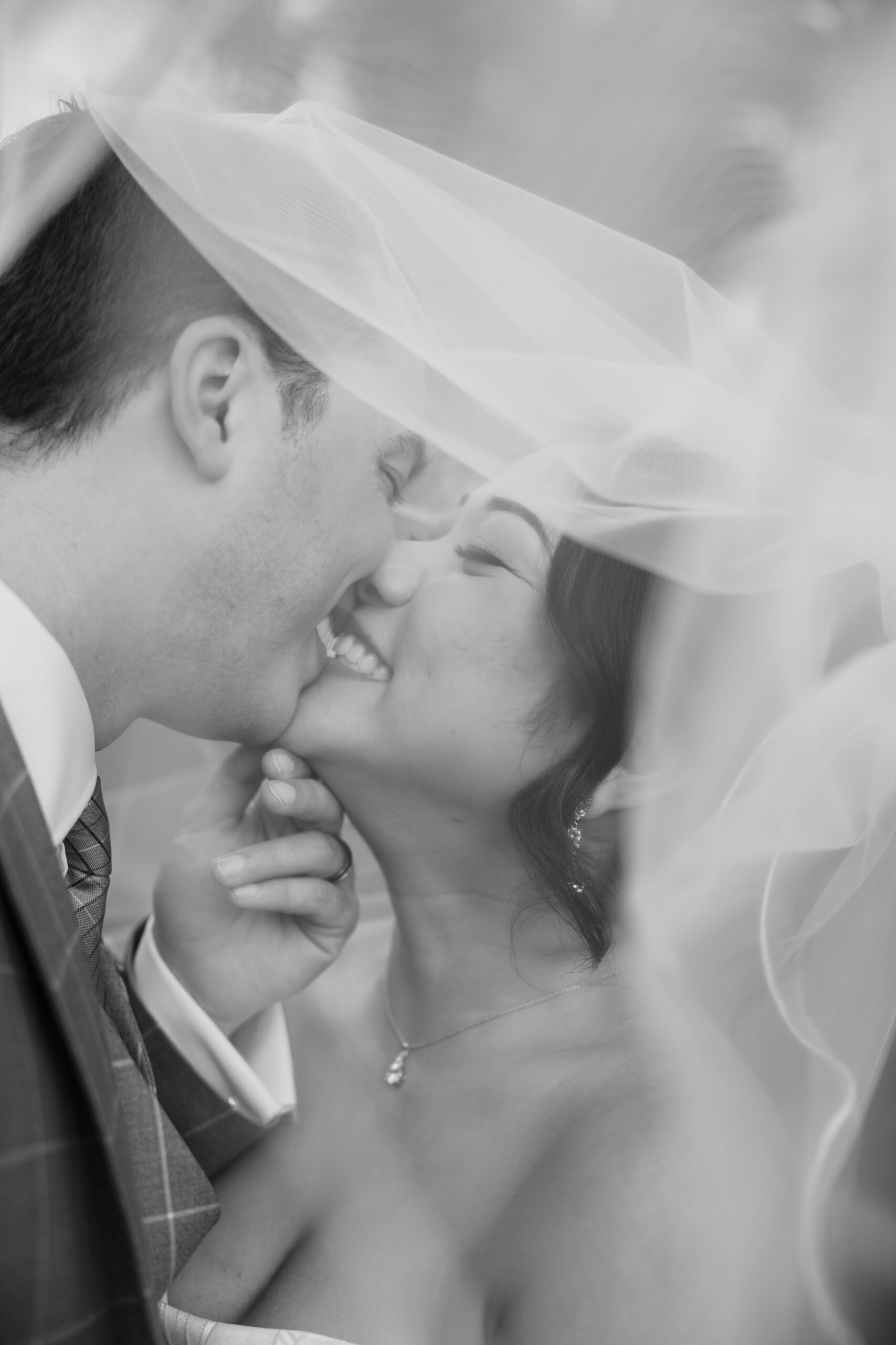 a bride and groom share a kiss underneath the bride's veil